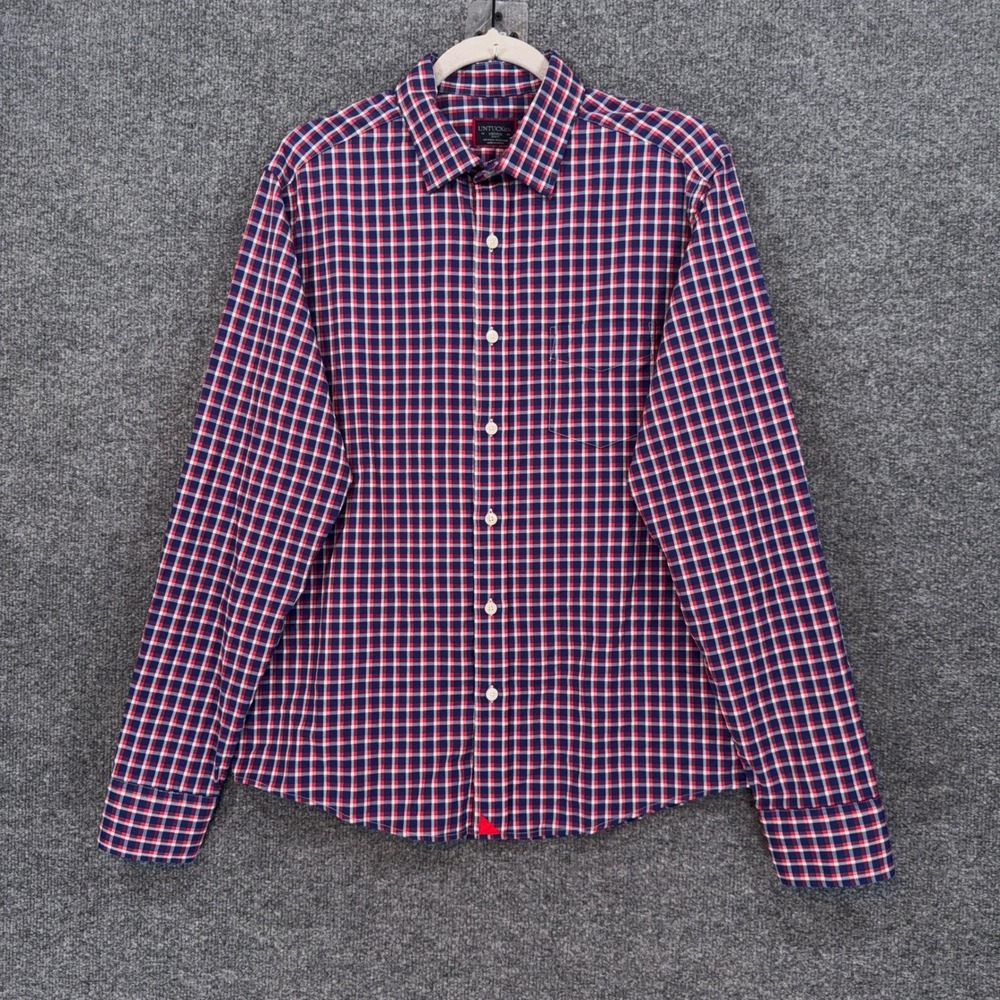 Untuckit Shirt Mens Medium Blue Red Check Performance Stretch Slim Fit Button Up